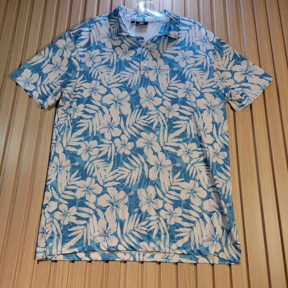 GreenSide Golf Mens Blue White Hibiscus Floral Performance Polo Shirt Size M